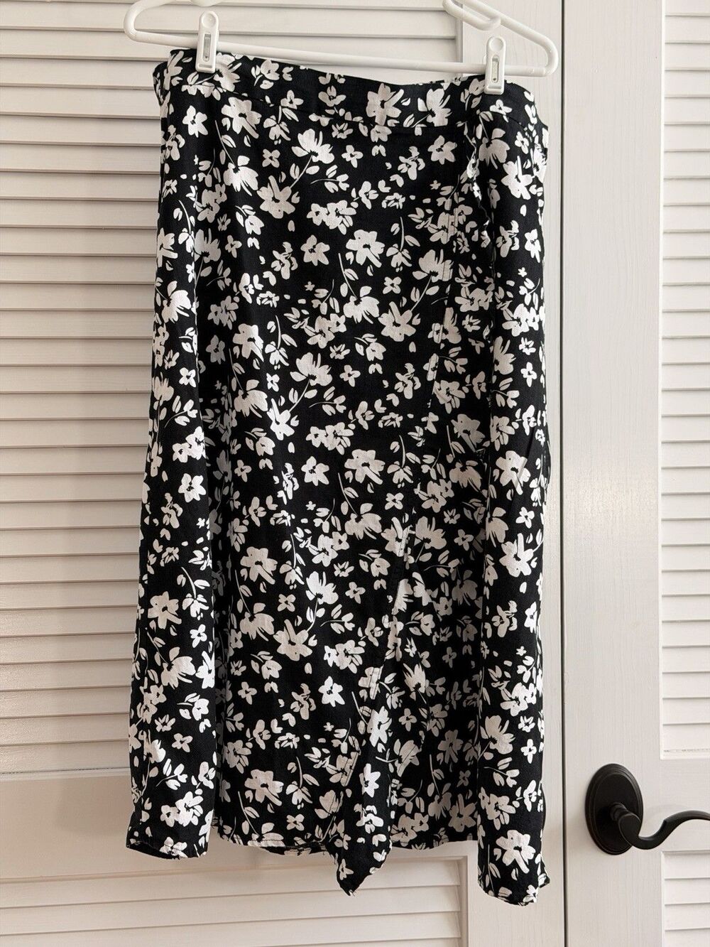Land N Sea XL Linen Blend Midi Skirt Black White Floral Pull On Cottagecore